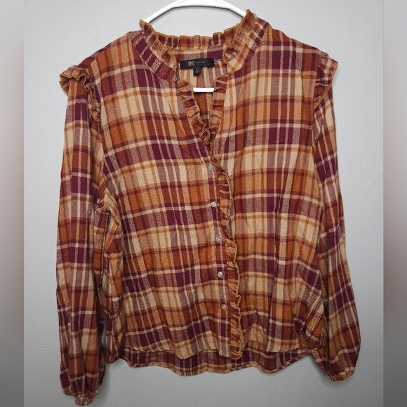Frye• Ruffle orange/brown flacket button-down plaid shirt. Sz M - Picture 7 of 14